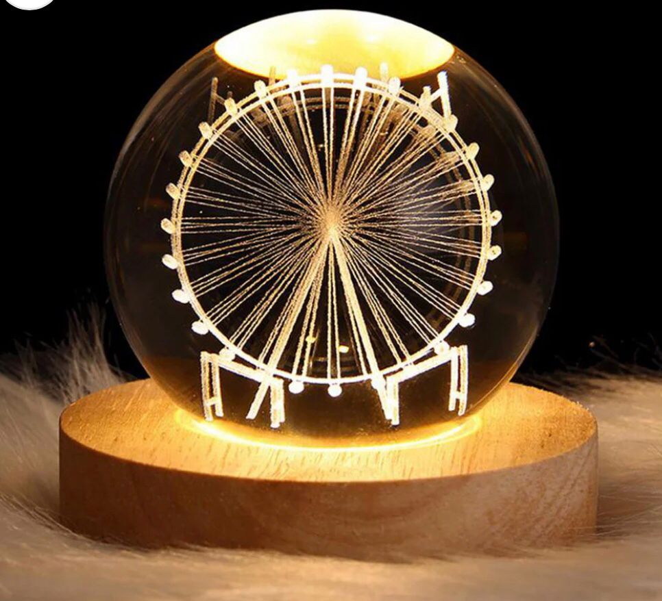 3D Galaxy Crystal Solar Sphere Ball Light Lamp with Wooden Base